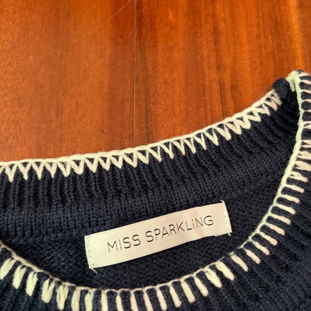 Blue White Bow Sweater Navy Miss Sparkling‎ Knit Crew Long Sleeve New Size Small - Picture 2 of 8
